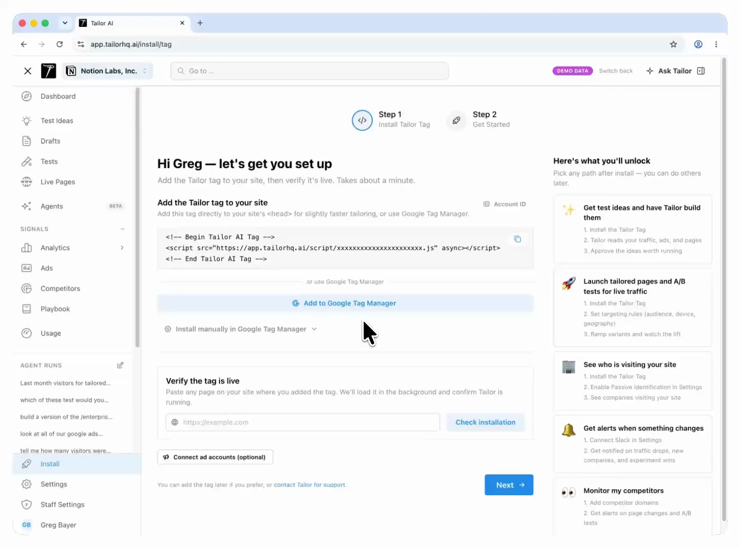 Tailor AI generating ranked landing page test ideas, explaining why each one was picked and which audience sees it, then showing the approved copy change live on the page