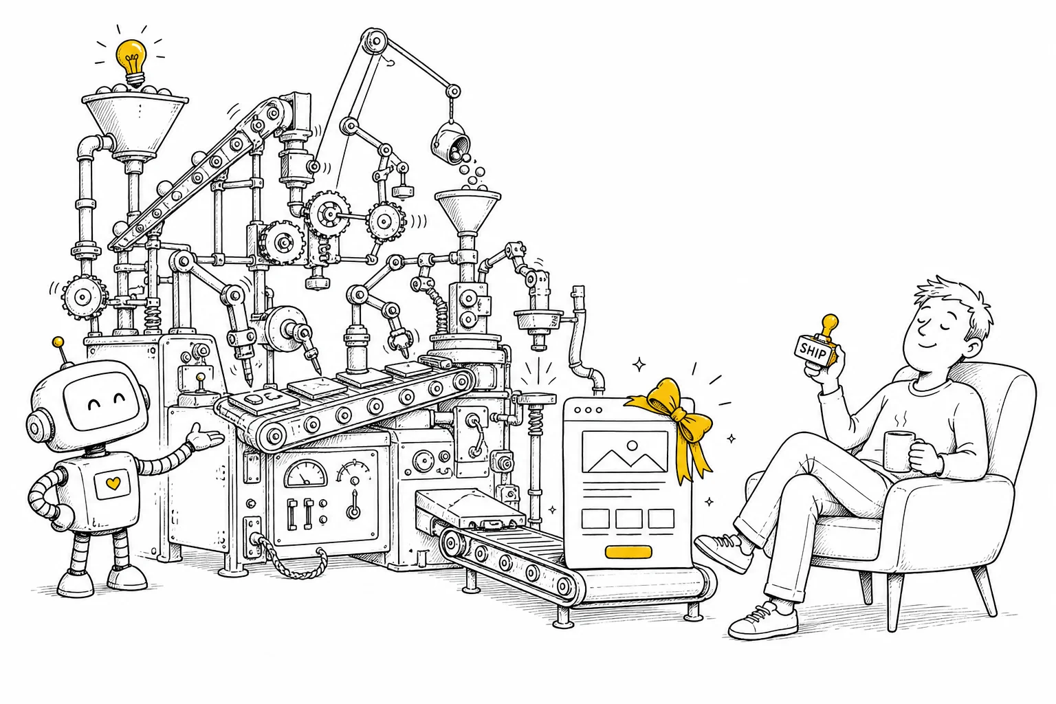 A robot presents an enormous Rube Goldberg machine that assembles a webpage, while a relaxed human with a coffee holds one small rubber stamp that says SHIP.