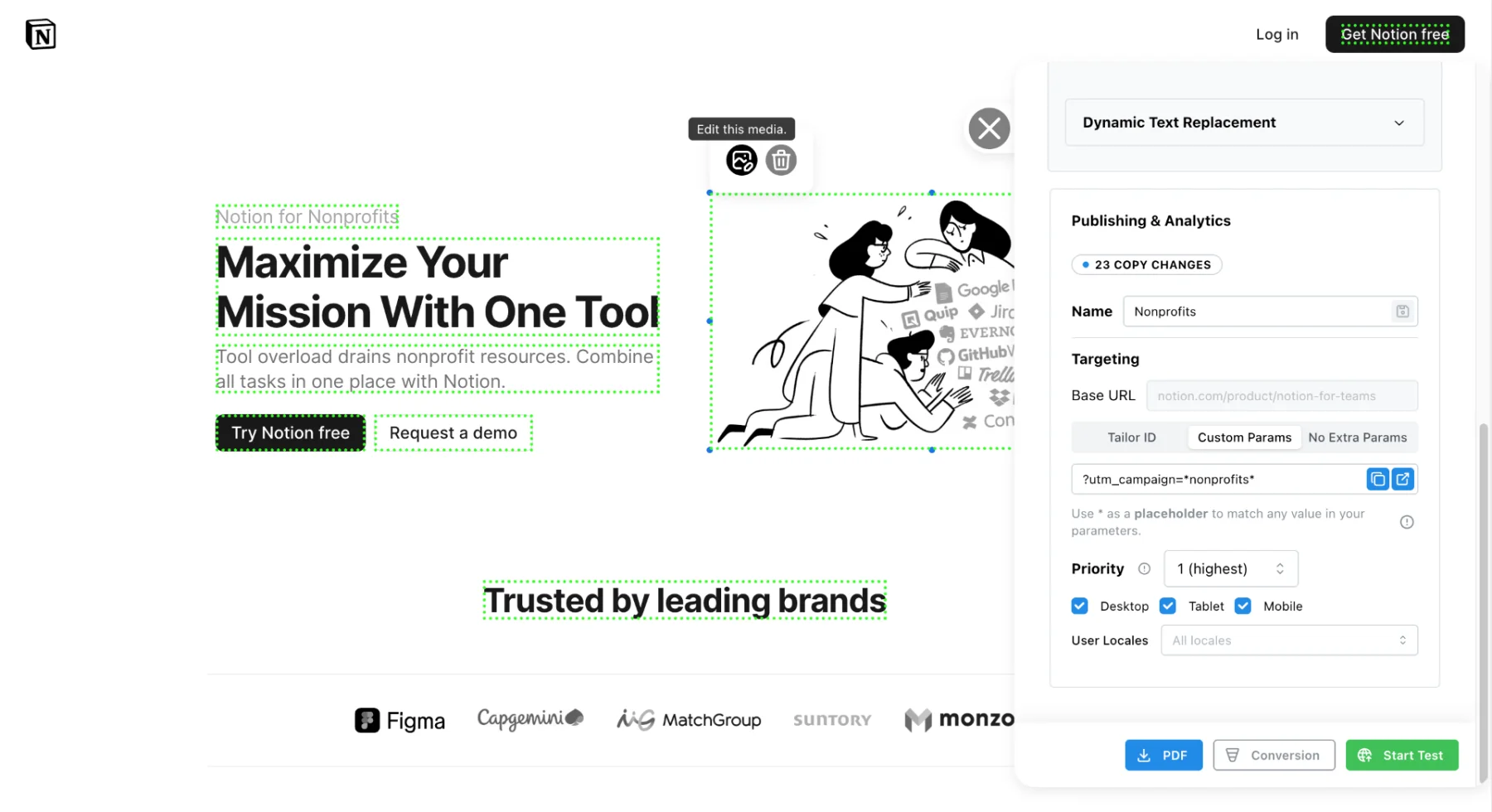 Tailor AI product showing page editing, targeting, and test configuration